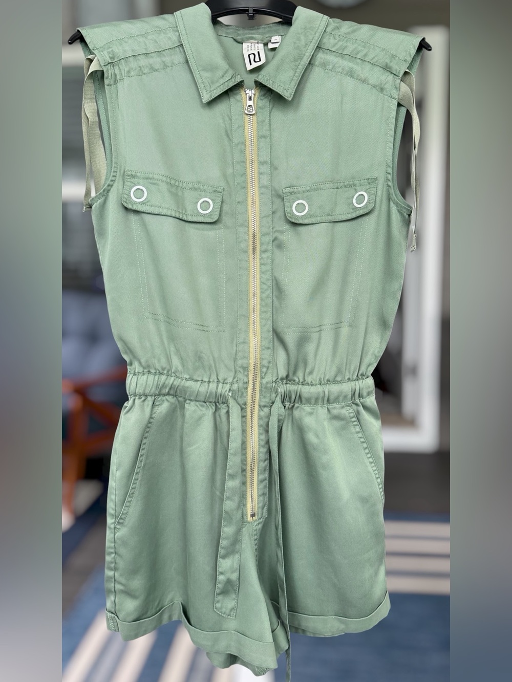 Sage Green Utility Romper| Size 10 |Zip Front |Drawstring Waist - Picture 2 of 12